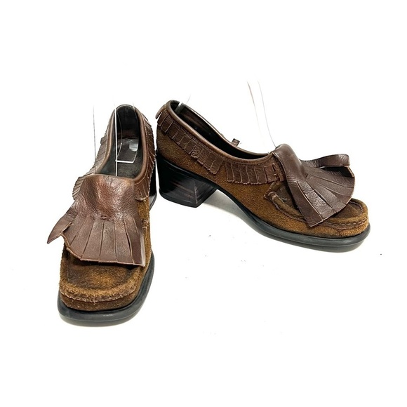 Vintage 1970s women’s brown suede and leather kiltie fringe heeled loafers - Picture 1 of 8